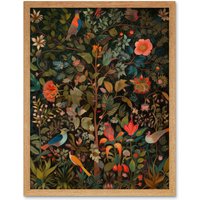 Artery8 Wall Art Print Birds on Blooming Trees in Spring Modern Folk Art Framed in Light Oak | Size: W12" x H16"