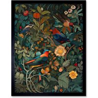 Artery8 Wall Art Print Parrots on Exotic Blooming Trees Modern Folk Art Framed in Black | Size: W12" x H16"