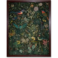 Artery8 Wall Art Print Butterflies & Birds on Flowering Shrub Folk Art Framed in Brown | Size: W12" x H16"