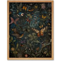 Artery8 Wall Art Print William Morris Style Plants Birds & Butterflies Art Framed in Light Oak | Size: W12" x H16"
