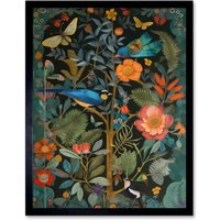 Artery8 Wall Art Print Birds & Butterflies Modern Flower Art Nouveau Art Framed in Black | Size: W12" x H16"
