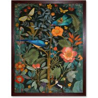 Artery8 Wall Art Print Birds & Butterflies Modern Flower Art Nouveau Art Framed in Brown | Size: W12" x H16"
