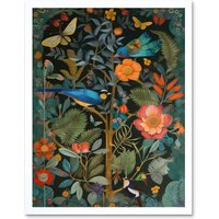 Artery8 Wall Art Print Birds & Butterflies Modern Flower Art Nouveau Art Framed in White | Size: W12" x H16"