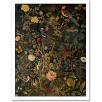 Artery8 Wall Art Print Audubon Style Birds in Spring Flower Field Modern Art Framed in White | Size: W12" x H16"