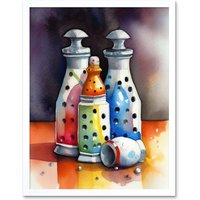 Artery8 Wall Art Print Salt & Pepper Ceramic Shakers Modern Folk Art Framed in White | Size: W12" x H16"