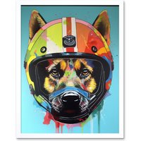 Artery8 Wall Art Print German Shepherd Wearing Motorbike Helmet Pop Art Framed in White | Size: W12" x H16"