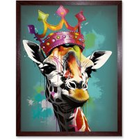 Artery8 Wall Art Print Giraffe Wearing Rainbow Crown King Queen Pop Art Framed in Brown | Size: W12" x H16"
