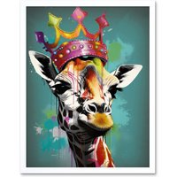 Artery8 Wall Art Print Giraffe Wearing Rainbow Crown King Queen Pop Art Framed in White | Size: W12" x H16"