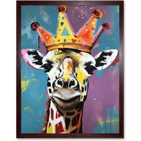 Artery8 Wall Art Print Giraffe Wearing a Crown King Queen Modern Pop Art Framed in Brown | Size: W12" x H16"