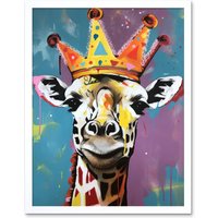 Artery8 Wall Art Print Giraffe Wearing a Crown King Queen Modern Pop Art Framed in White | Size: W12" x H16"