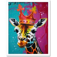 Artery8 Wall Art Print King Queen Giraffe Wearing a Crown Modern Pop Art Framed in White | Size: W12" x H16"