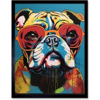 Artery8 Wall Art Print English Bulldog Wearing Sunglasses Modern Pop Art Framed in Black | Size: W12" x H16"
