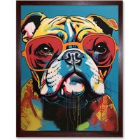 Artery8 Wall Art Print English Bulldog Wearing Sunglasses Modern Pop Art Framed in Brown | Size: W12" x H16"
