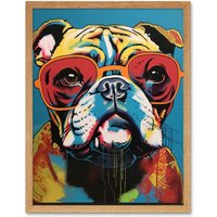 Artery8 Wall Art Print English Bulldog Wearing Sunglasses Modern Pop Art Framed in Light Oak | Size: W12" x H16"