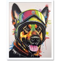Artery8 Wall Art Print German Shepherd Dog Wearing Ski Helmet & Goggles Art Framed in White | Size: W12" x H16"