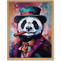Artery8 Wall Art Print Panda Portrait with Purple Suit Top Hat & Cigar Art Framed in Light Oak | Size: W12" x H16"