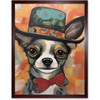 Artery8 Wall Art Print Chihuahua Dog Top Hat & Bowtie Modern Folk Art Framed in Brown | Size: W12" x H16"