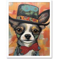 Artery8 Wall Art Print Chihuahua Dog Top Hat & Bowtie Modern Folk Art Framed in White | Size: W12" x H16"