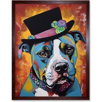 Artery8 Wall Art Print Pit Bull Wearing Flower Top Hat Modern Pop Art Framed in Brown | Size: W12" x H16"