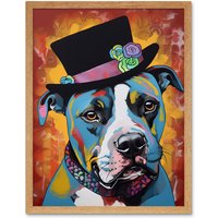 Artery8 Wall Art Print Pit Bull Wearing Flower Top Hat Modern Pop Art Framed in Light Oak | Size: W12" x H16"