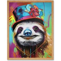 Artery8 Wall Art Print Sloth Wearing Summer Hat Modern Pop Art Framed in Light Oak | Size: W12" x H16"