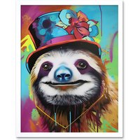 Artery8 Wall Art Print Sloth Wearing Summer Hat Modern Pop Art Framed in White | Size: W12" x H16"
