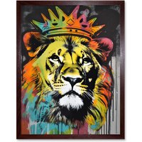Artery8 Wall Art Print King Lion wearing Crown Modern Stencil Graffiti Art Framed in Brown | Size: W12" x H16"