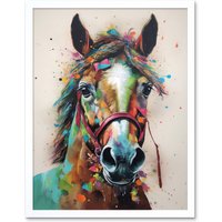 Artery8 Wall Art Print Horse Multicoloured Spray Paint & Oil Painting Art Framed in White | Size: W12" x H16"