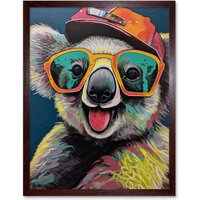 Artery8 Wall Art Print Happy Koala Bear Sunglasses & Hat Modern Pop Art Framed in Brown | Size: W12" x H16"