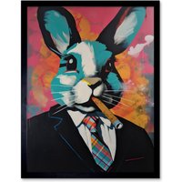 Artery8 Wall Art Print Blue Rabbit with Cigar & Suit Modern Pop Art Framed in Black | Size: W12" x H16"