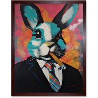 Artery8 Wall Art Print Blue Rabbit with Cigar & Suit Modern Pop Art Framed in Brown | Size: W12" x H16"