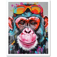 Artery8 Wall Art Print Chimpanzee Monkey With Sunglasses Graffiti Pop Art Framed in White | Size: W12" x H16"