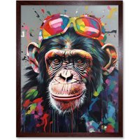Artery8 Wall Art Print Chimpanzee With Rainbow Sunglasses Modern Pop Art Framed in Brown | Size: W12" x H16"