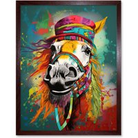 Artery8 Wall Art Print Hippie Horse with Multicoloured Hat & Bridles Art Framed in Brown | Size: W12" x H16"