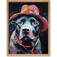 Artery8 Wall Art Print Pit Bull Terrier Dog Red Cowboy Hat Portrait Art Framed in Light Oak | Size: W12" x H16"