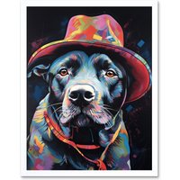 Artery8 Wall Art Print Pit Bull Terrier Dog Red Cowboy Hat Portrait Art Framed in White | Size: W12" x H16"