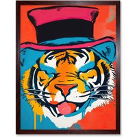 Artery8 Wall Art Print Tiger Head Wearing Pink Top Hat Modern Pop Art Framed in Brown | Size: W12" x H16"
