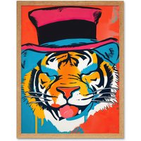 Artery8 Wall Art Print Tiger Head Wearing Pink Top Hat Modern Pop Art Framed in Light Oak | Size: W12" x H16"