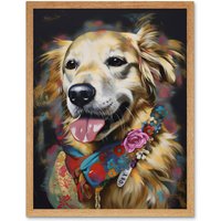 Artery8 Wall Art Print Golden Retriever Dog with Floral Bandana Collar Art Framed in Light Oak | Size: W12" x H16"