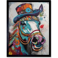 Artery8 Wall Art Print Horse Hippie in Multicoloured Bridles & Top Hat Art Framed in Black | Size: W12" x H16"