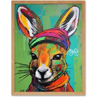 Artery8 Wall Art Print Rabbit in Winter Clothes Colourful Graffiti Style Art Framed in Light Oak | Size: W12" x H16"
