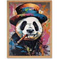Artery8 Wall Art Print Panda Bear with a Suit Low Top Hat & a Cigar Art Framed in Light Oak | Size: W12" x H16"