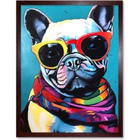 Artery8 Wall Art Print French Bulldog in Sunglasses & Bandana Folk Art Framed in Brown | Size: W12" x H16"