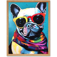 Artery8 Wall Art Print French Bulldog in Sunglasses & Bandana Folk Art Framed in Light Oak | Size: W12" x H16"