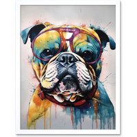 Artery8 Wall Art Print English Bulldog Dog Wearing Vintage Sunglasses Art Framed in White | Size: W12" x H16"