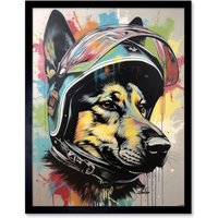 Artery8 Wall Art Print German Shepherd Dog Wearing Motorcycle Helmet Art Framed in Black | Size: W12" x H16"