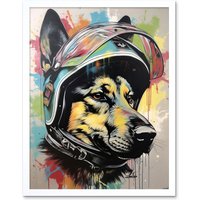 Artery8 Wall Art Print German Shepherd Dog Wearing Motorcycle Helmet Art Framed in White | Size: W12" x H16"