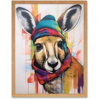 Artery8 Wall Art Print Kangaroo Wearing Colourful Winter Hat & Scarf Art Framed in Light Oak | Size: W12" x H16"
