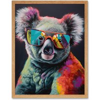 Artery8 Wall Art Print Koala Bear with Sunglasses Modern Multicoloured Art Framed in Light Oak | Size: W12" x H16"