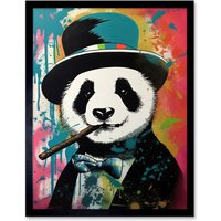 Artery8 Wall Art Print Panda Bear Wearing Blue Top Hat Suit Smoking Cigar Art Framed in Black | Size: W12" x H16"